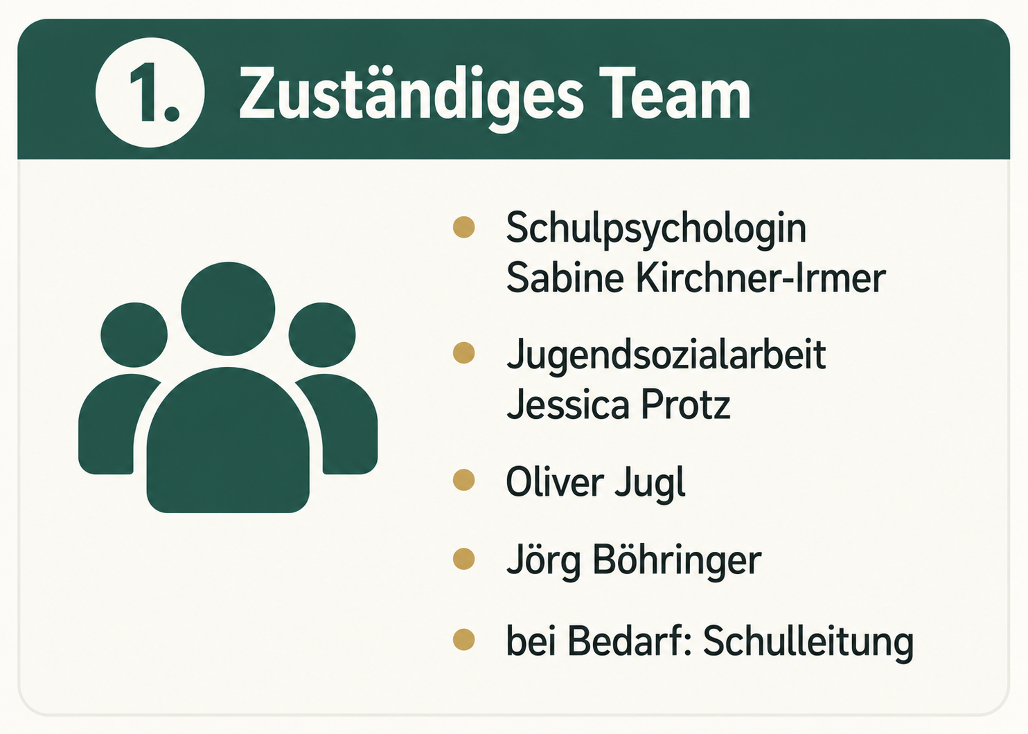 Zuständiges Team bei Mobbing und Cybermobbing. Vollständiger Inhalt in der aufklappbaren Textfassung.